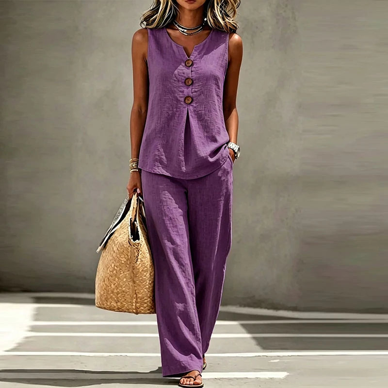Merida Summer Sleeveless V Neck Button Two Piece Sets