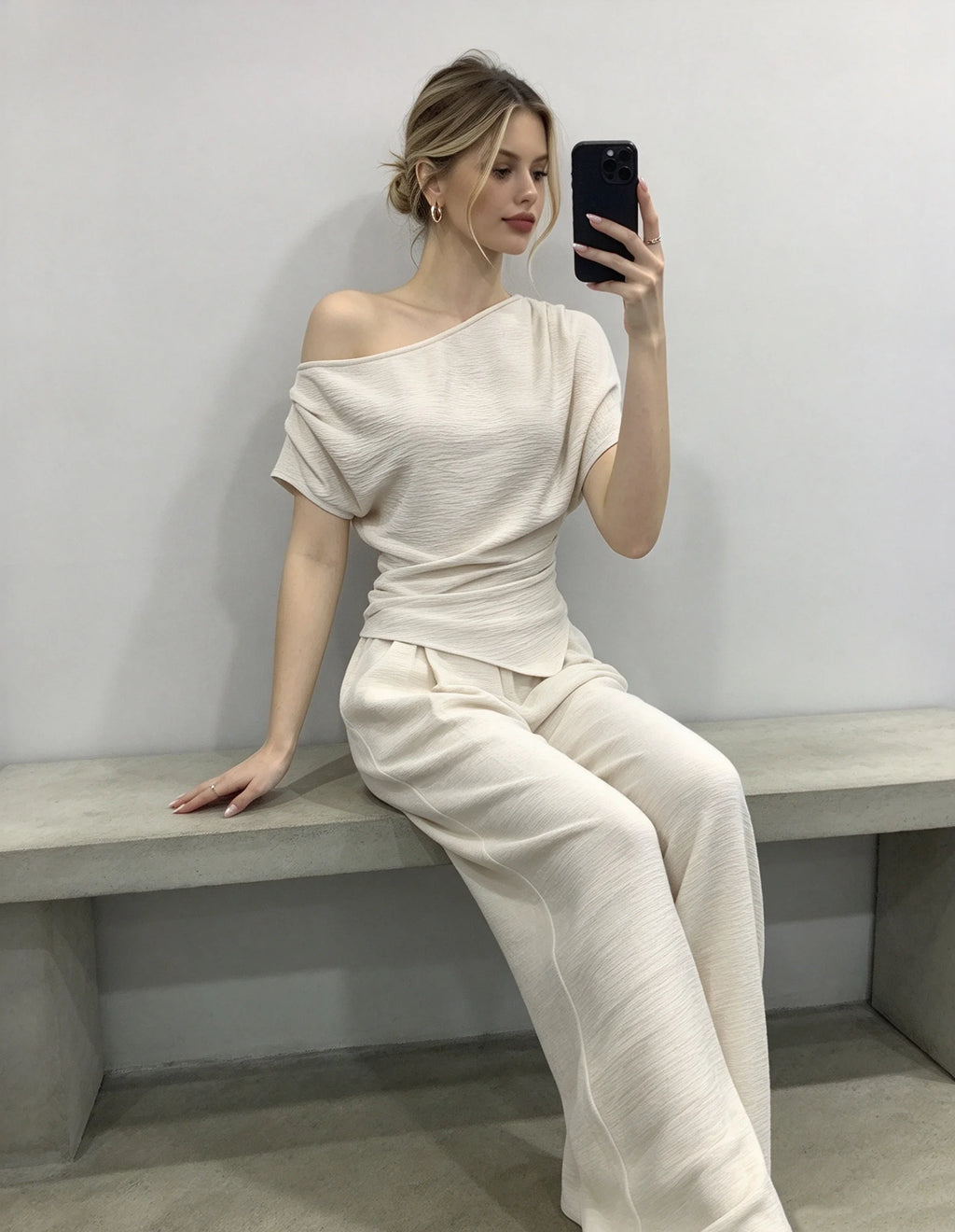 Katia Solid Off Shoulder High Waist Two Piece Sets