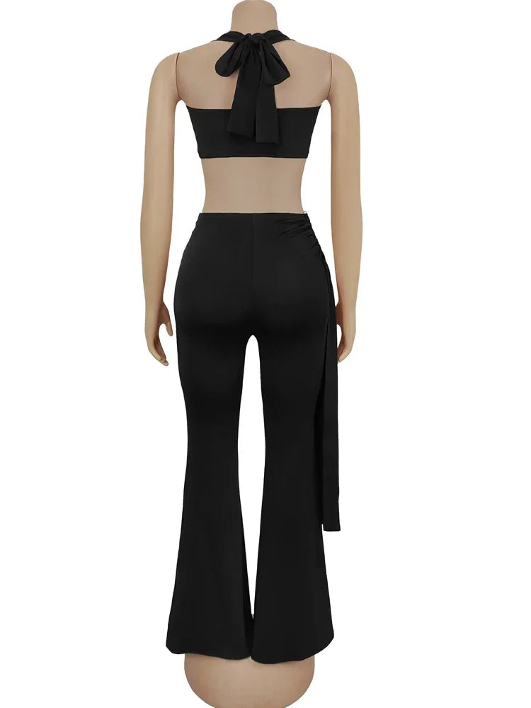 Oneonta Long Straps Wide Legs Ruched Metal Tracksuits Two Piece Set
