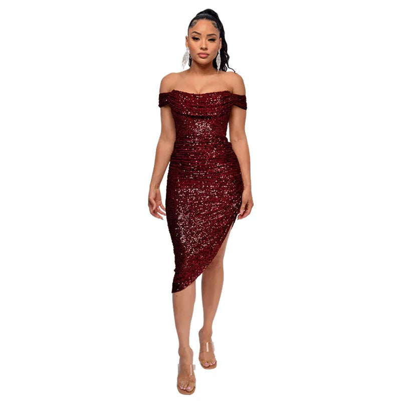Virginia One Shoulder Bodycon Sparkly High Slit Midi Dresses