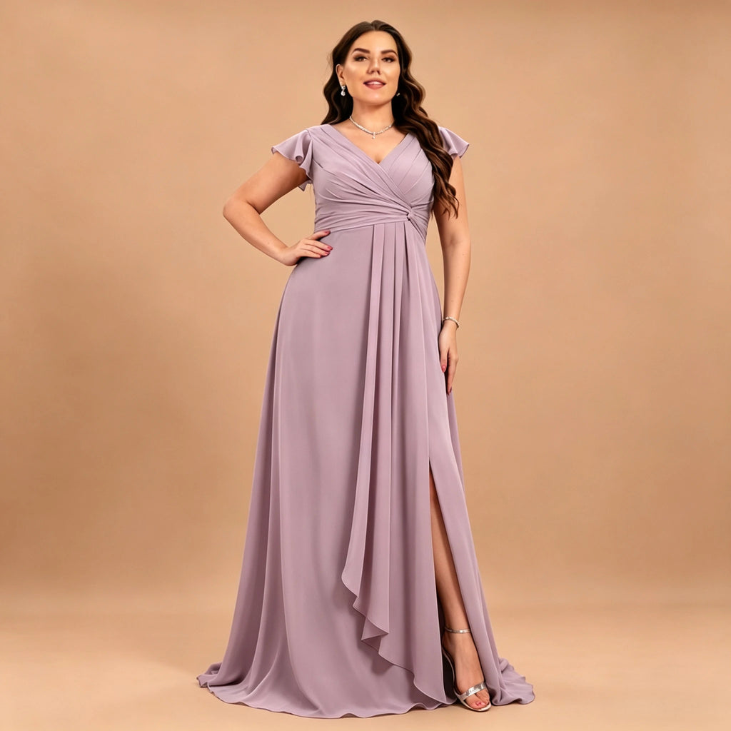 Long Island Plus Size Chiffon Evening Elegant V-Neck Ruffle Sleeve Formal Dress