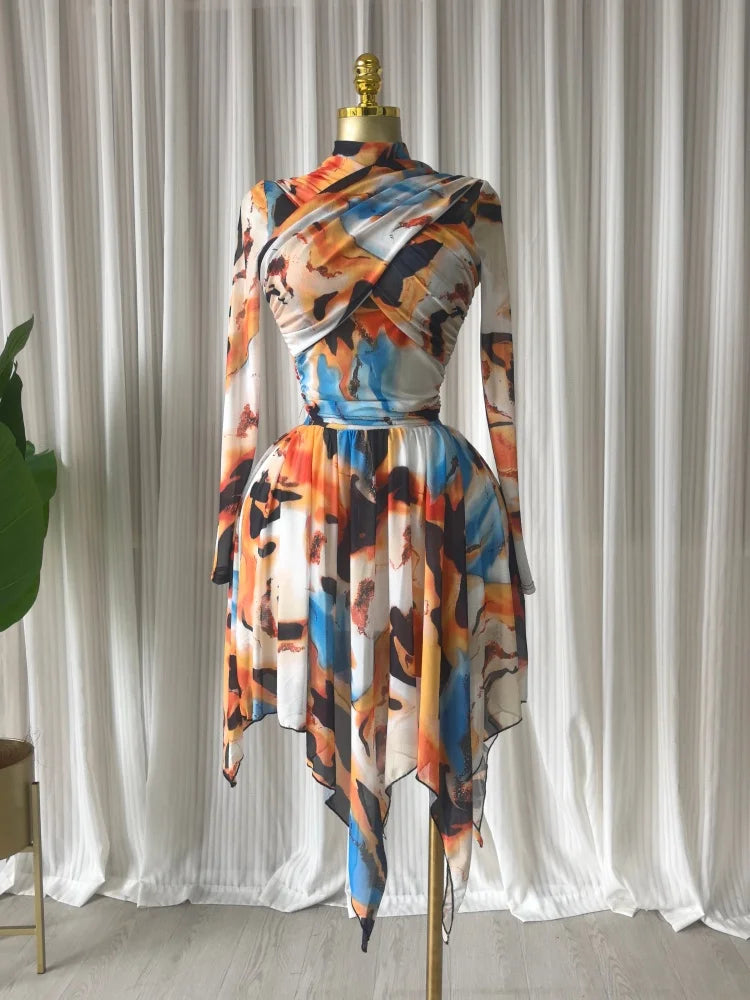 Tie Dye Printed Women Set Long Sleeve Wrap Crop Irregular A-line S.kirt Set