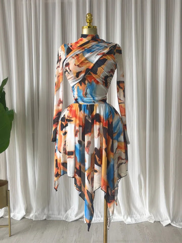 Tie Dye Printed Women Set Long Sleeve Wrap Crop Irregular A-line S.kirt Set