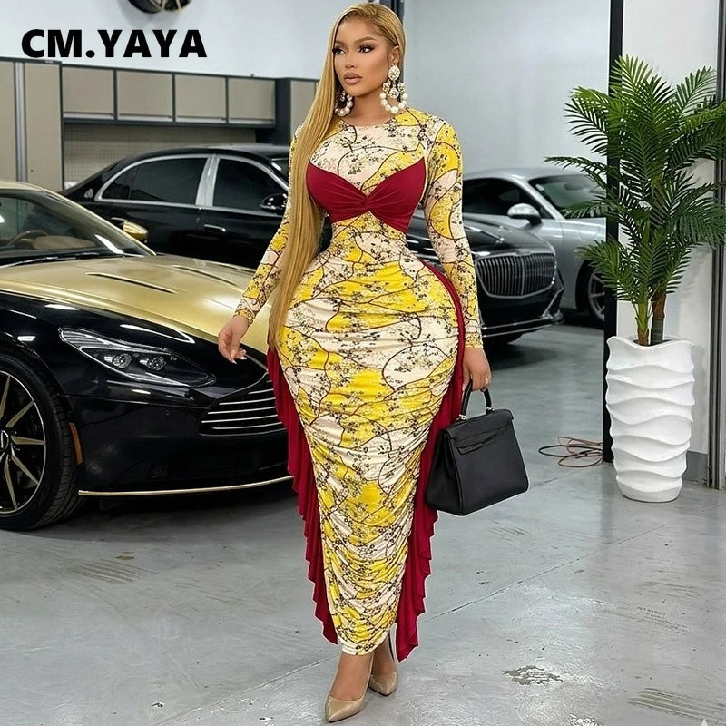 Kukutan O-neck Long Sleeve Floral Print Ruched Ruffles Long Maxi Dress