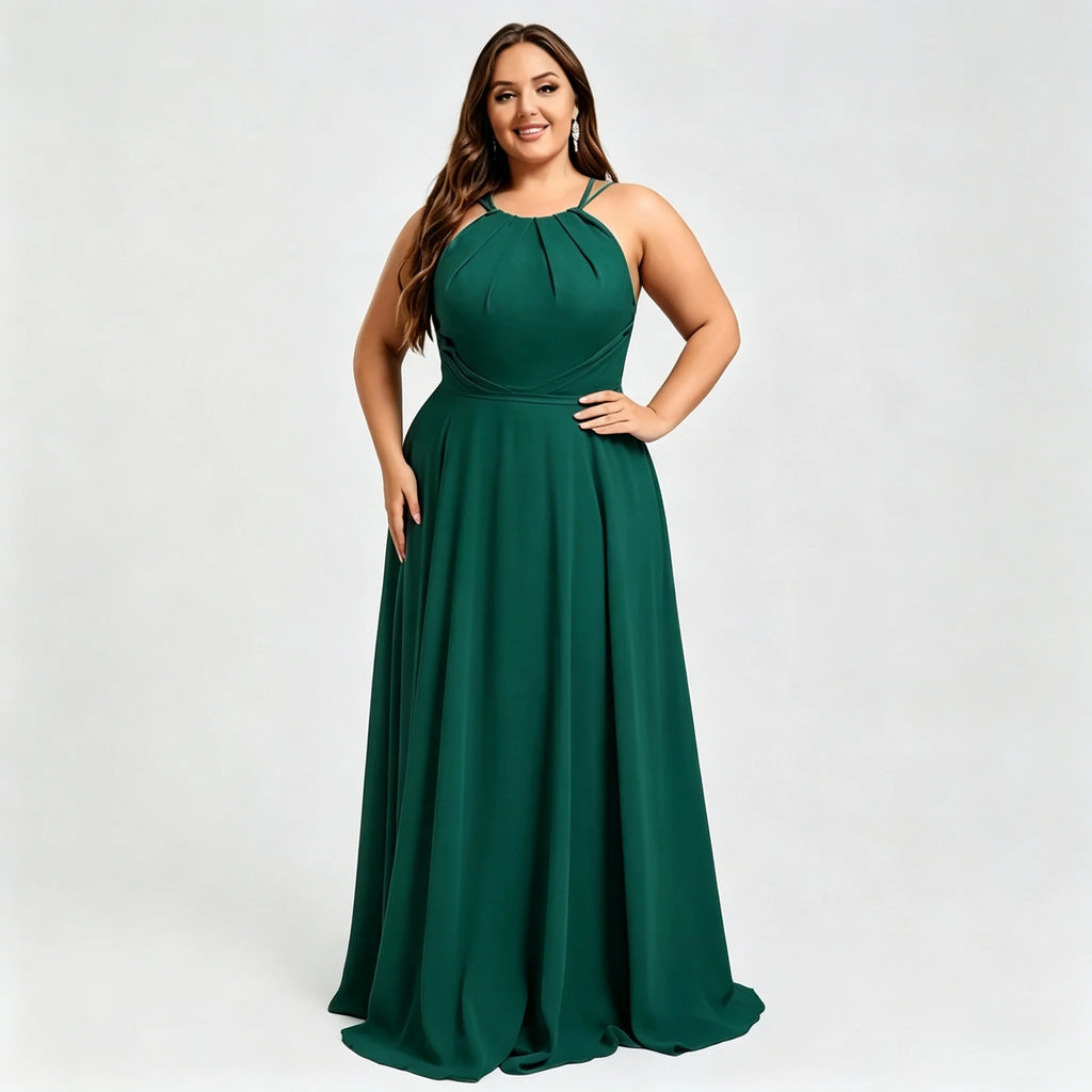 Los Mina Plus Size Halter Chiffon Bridesmaid Spaghetti Straps A Line Maxi Dress