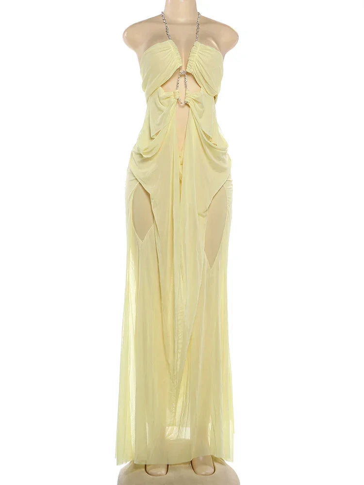 Pine Plains Sexy See Through Luxury Chain Halter Low Neck Backless Dress