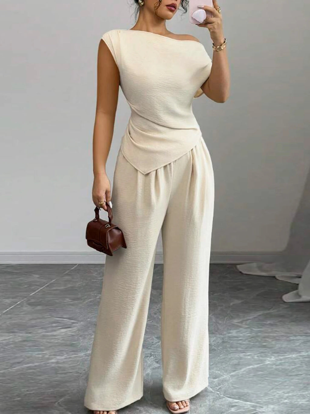 Sandy Elegant Pure Color Ladies Asymmetric Two Piece Sets