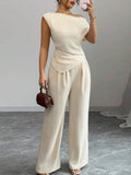 Sandy Elegant Pure Color Ladies Asymmetric Two Piece Sets