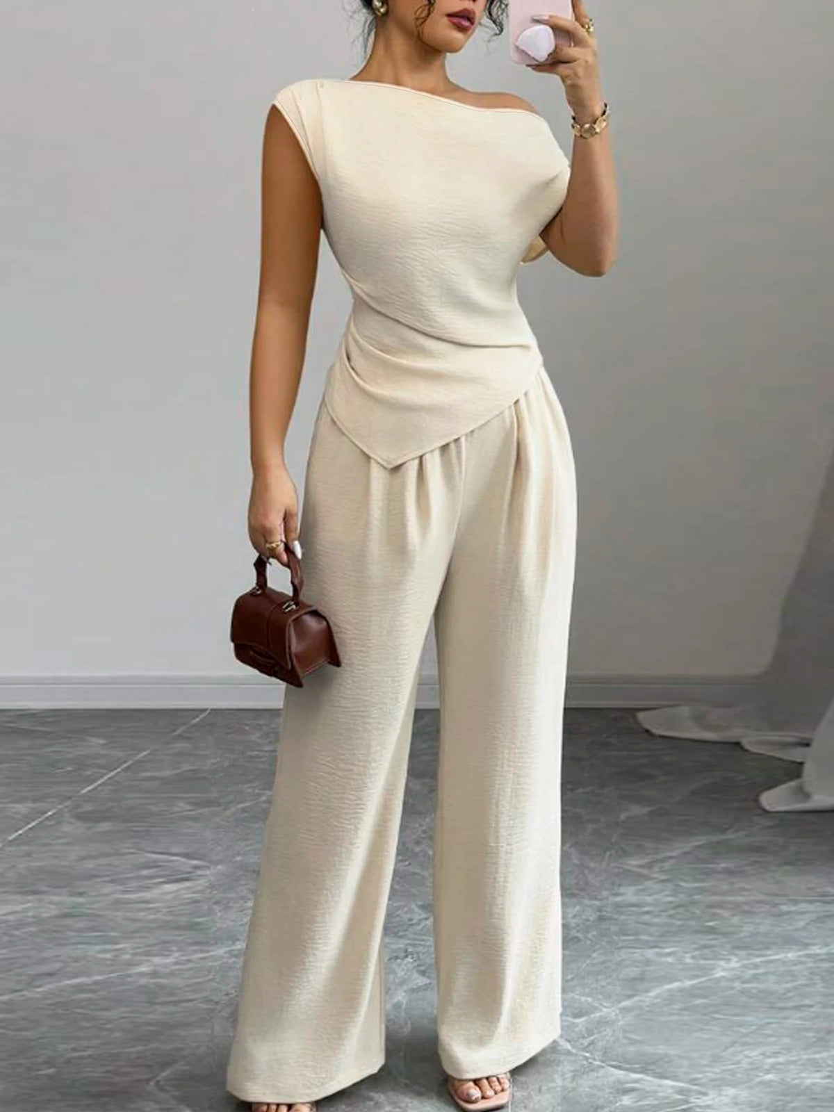 Sandy Elegant Pure Color Ladies Asymmetric Two Piece Sets