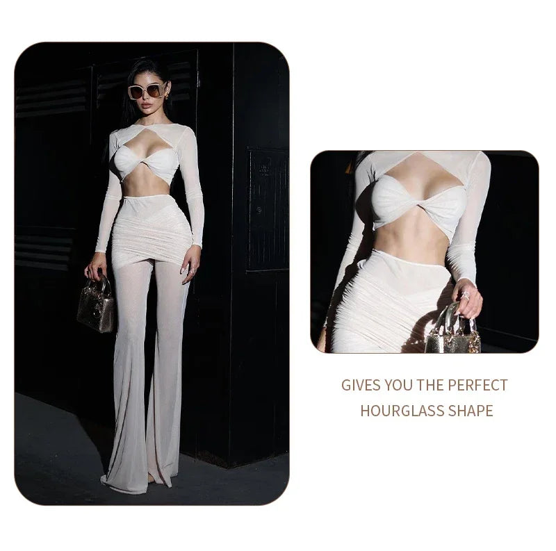 Williamsburg Mesh Fashion Street Wear Hollow Out Design Crop Set