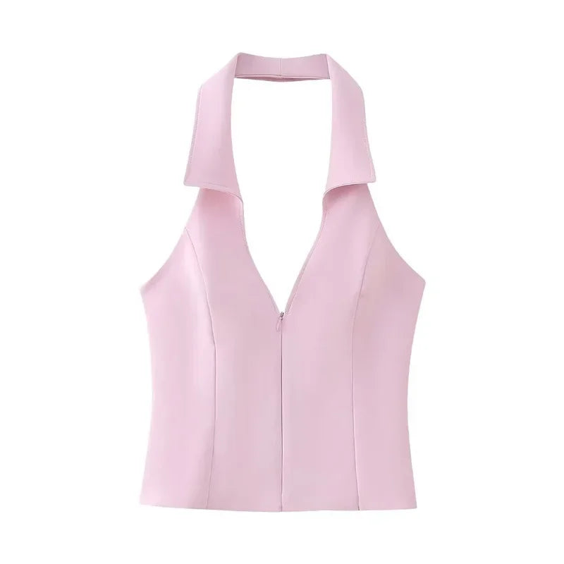 Kima Sexy Hanging Neck Pink Two Piece Sets