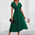 Guachupita Solid-Color V Neck Batwing-Sleeve Pleated Long Elegant Dress