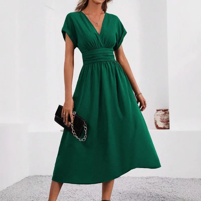 Guachupita Solid-Color V Neck Batwing-Sleeve Pleated Long Elegant Dress