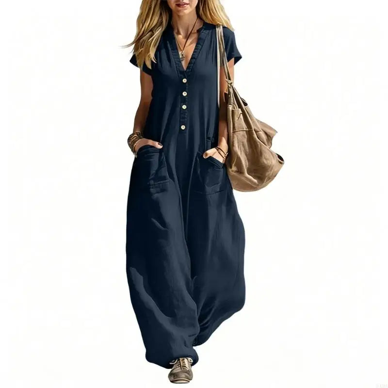 Jumpsuits for Women Linen Button Sleeve Jumpsuits Wide Leg V Neck Rompers Vacation Clothes with Pockets 6XDA
