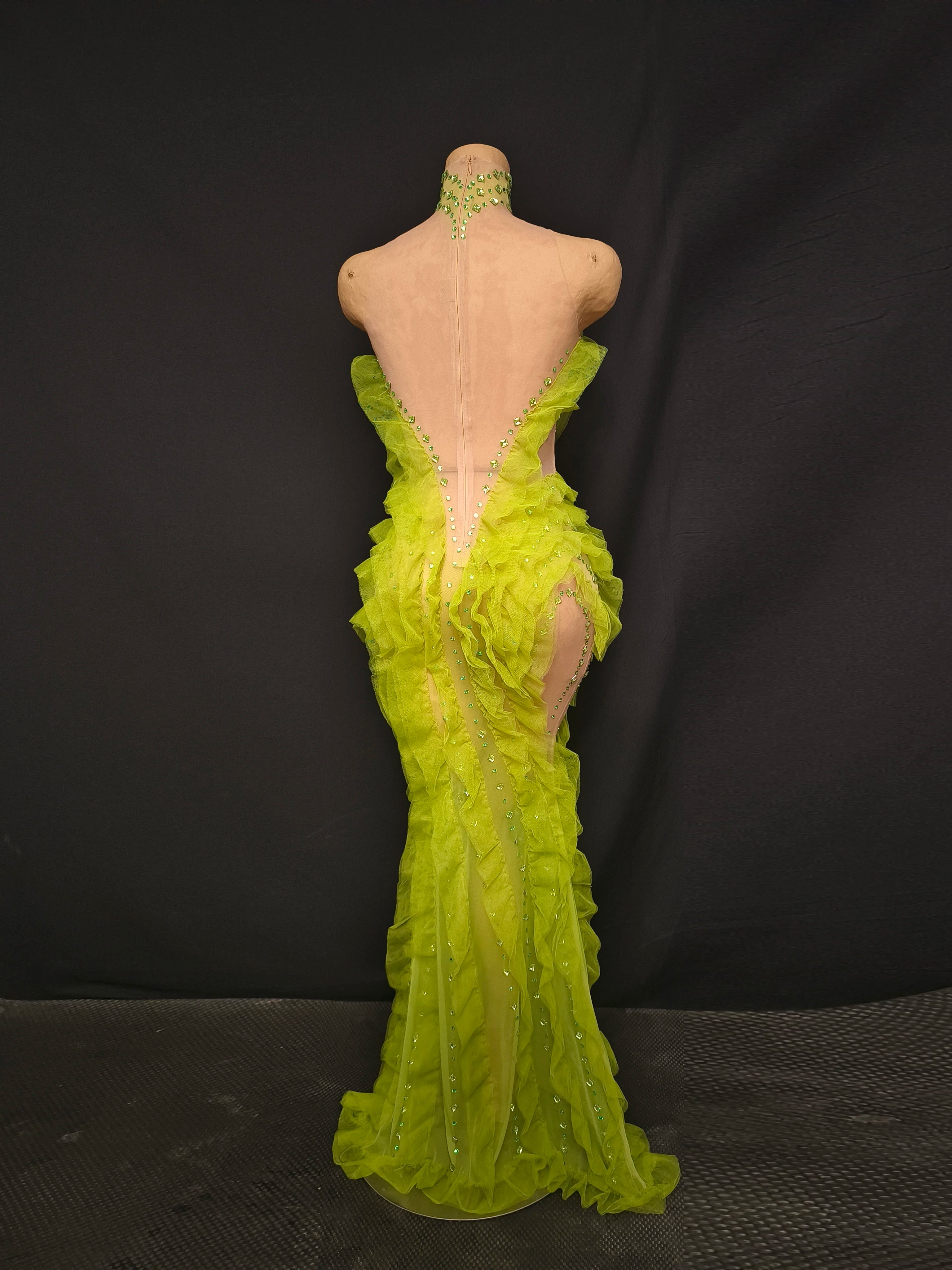 Middlesex Elegant Sparkly Green Rhinestones Mesh Sheer Ruffle Maxi Dress