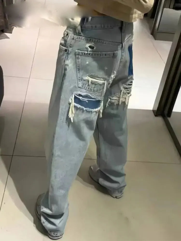 Jeans For Women 2024 Denim Solid Loose Zipper Fly Female Hole Trouser