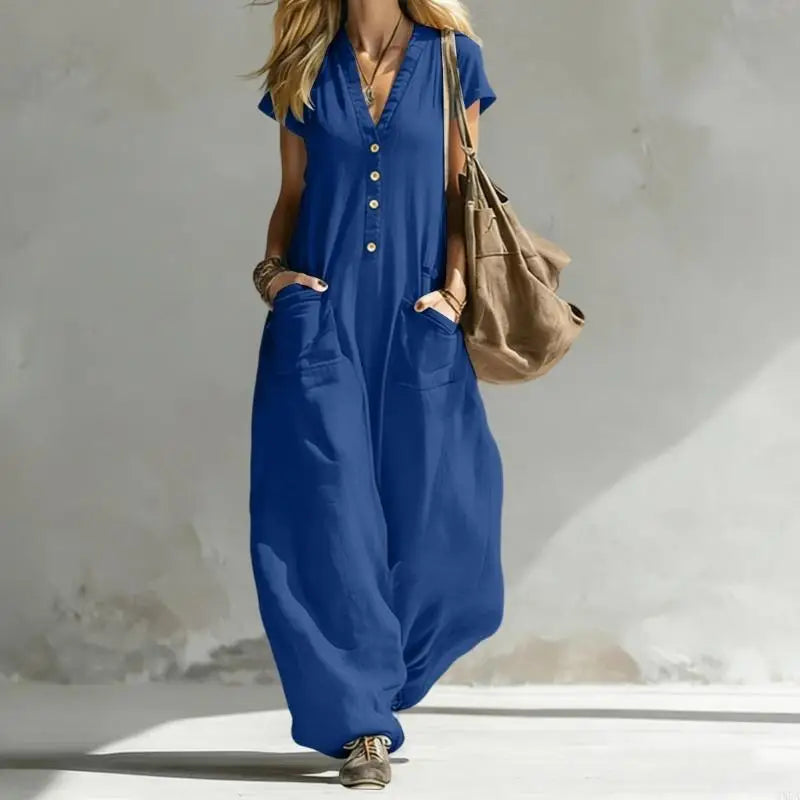 Jumpsuits for Women Linen Button Sleeve Jumpsuits Wide Leg V Neck Rompers Vacation Clothes with Pockets 6XDA