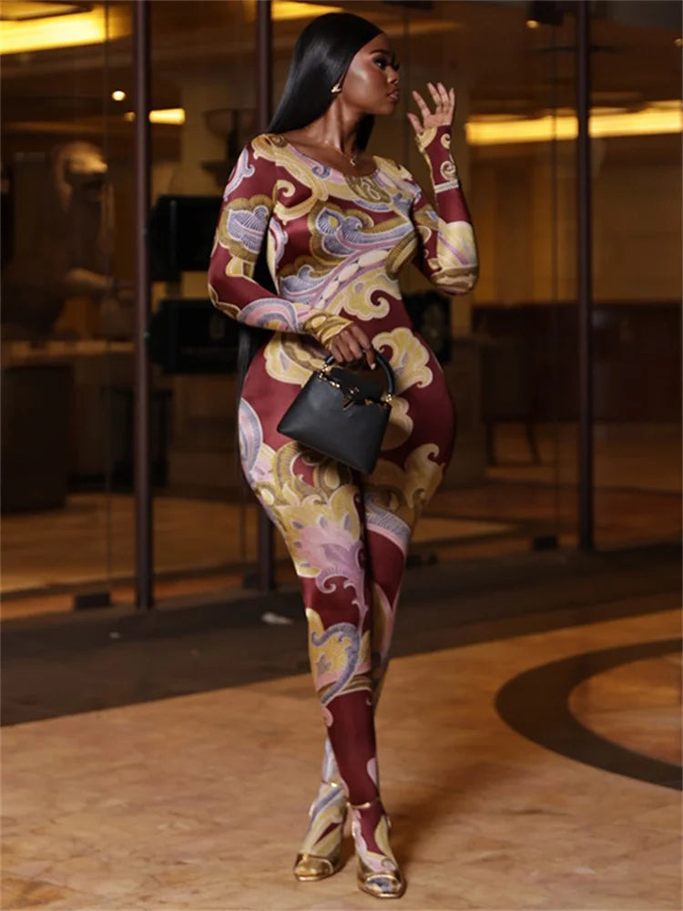 China Town Fashion Art Colorful Print o-Neck Full Sleeve Skinny Peach Jumpsuit