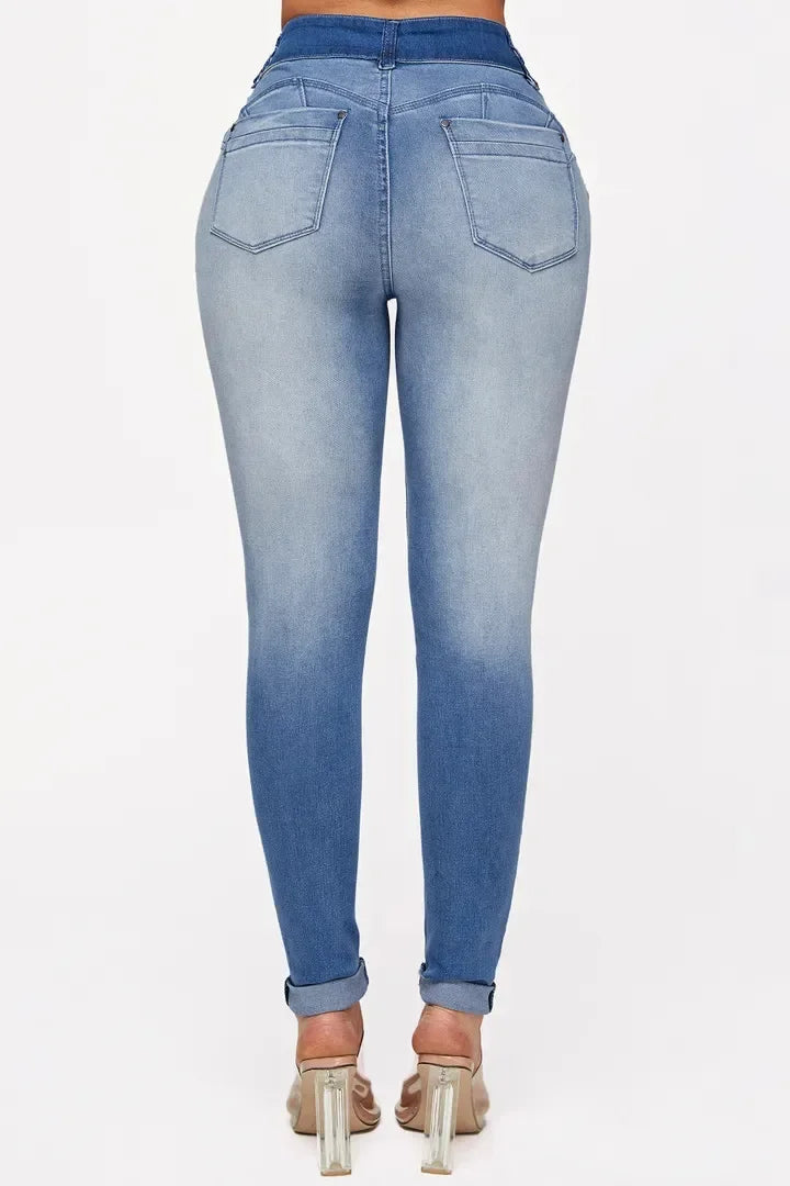 Albany Elastic Slimming, Hip-lifting High-waisted Gradient Casual Ripped Skinny Jeans