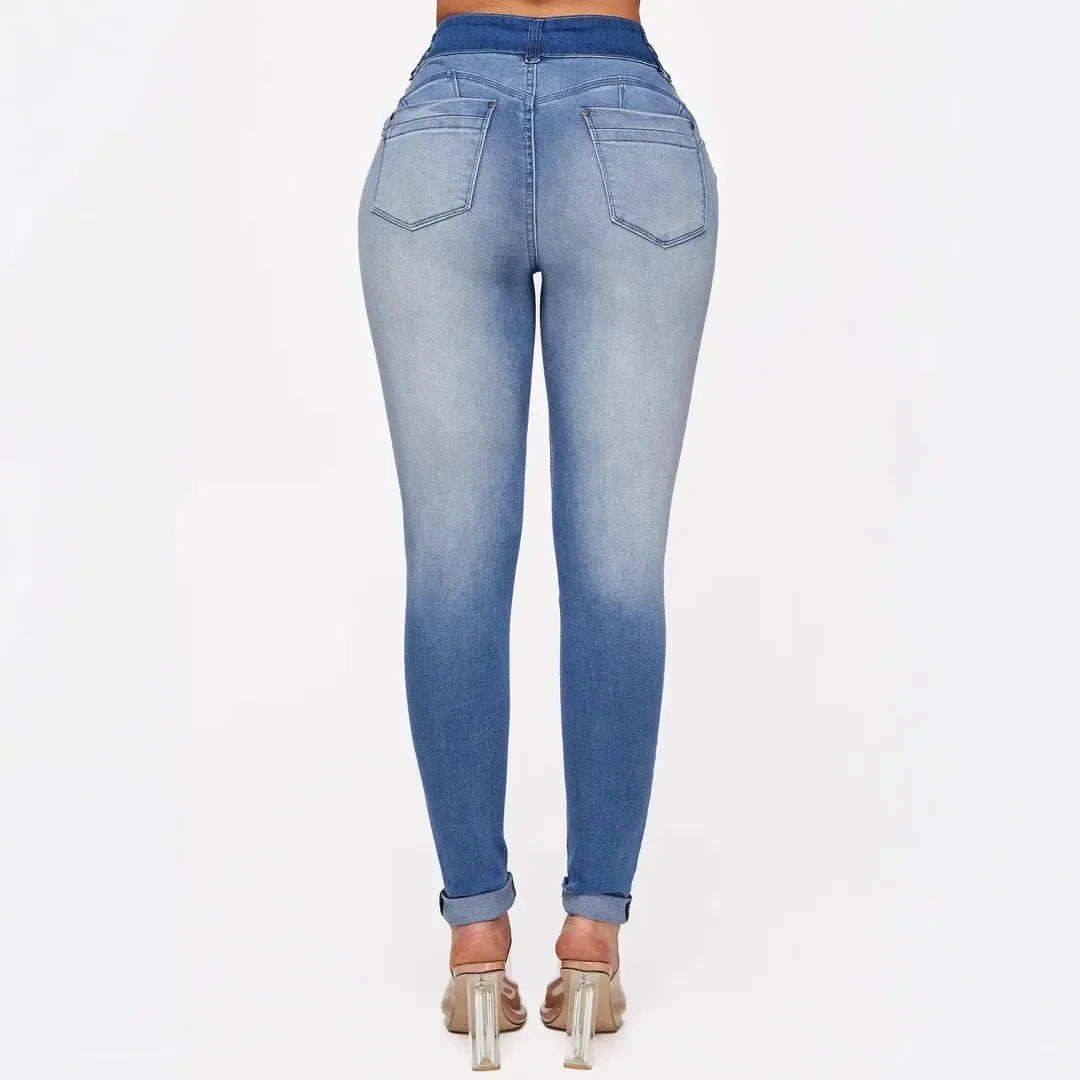 Albany Elastic Slimming, Hip-lifting High-waisted Gradient Casual Ripped Skinny Jeans