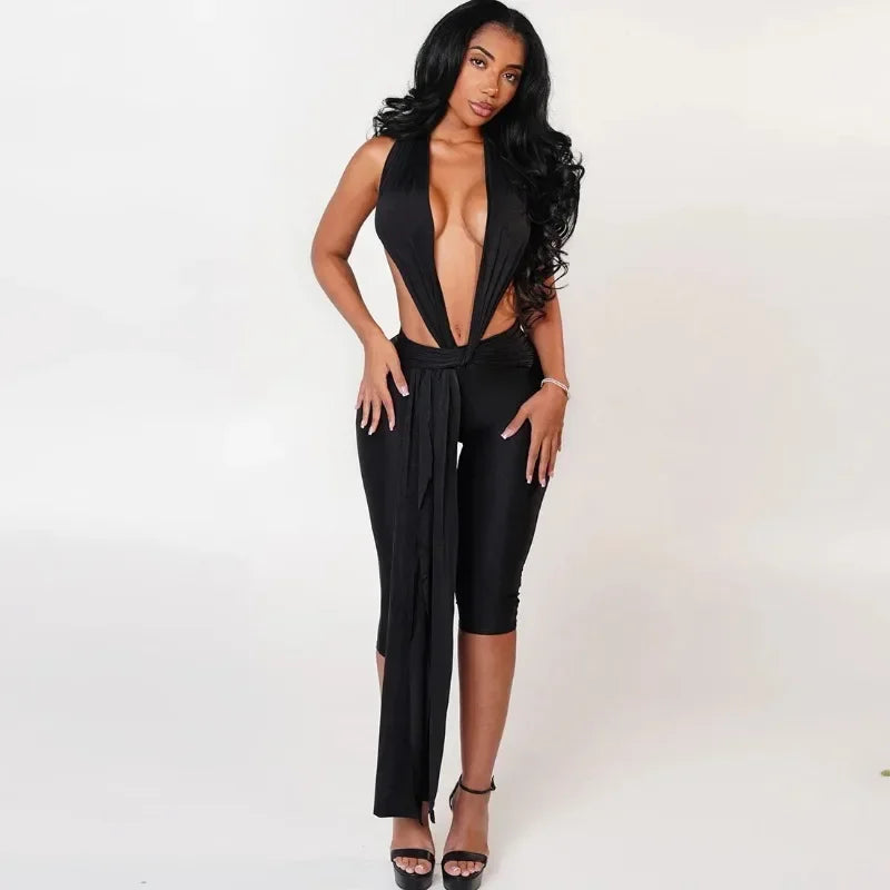 Cornie Lace-up One Piece Outfit Night Out Party Halter Backless Deep V-neck Jumpsuits