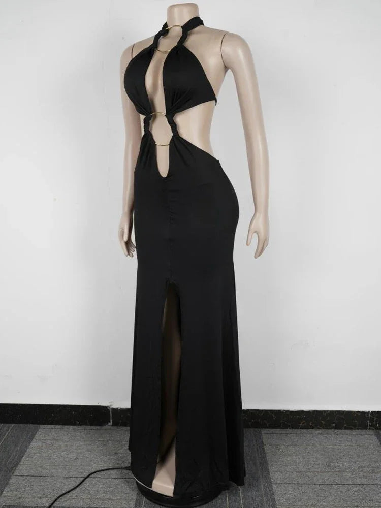 Hoosick Falls Halter V Neck O Rings Long Glam Sexy Backless Ruched Maxi Dress