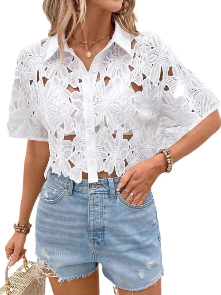 Seven Mile Lace Stylish Elegant Casual Holiday Party Hollow Shirts