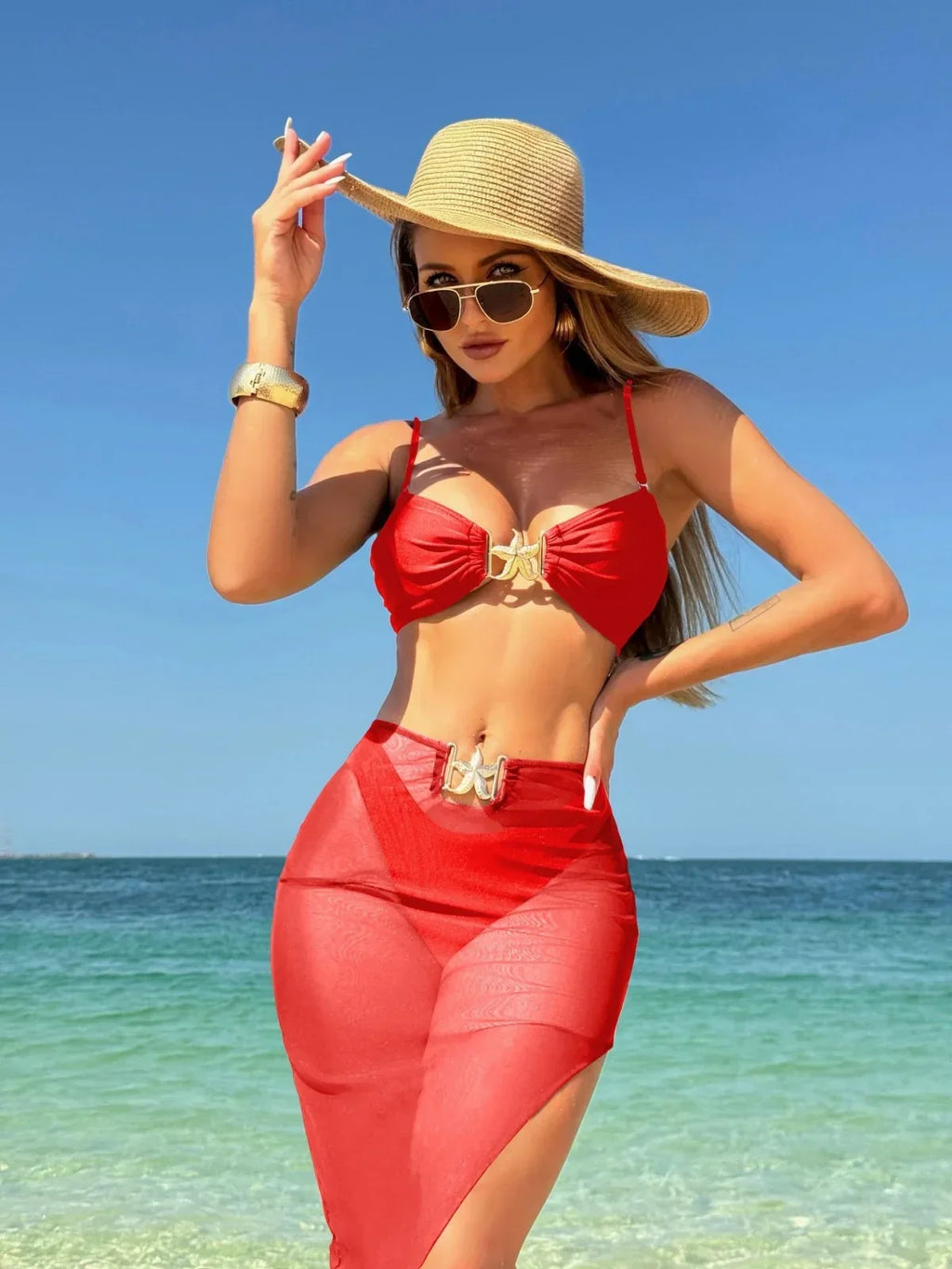 Peconic Starfish Ornament Push Up High Waist Swimsuit Beach Bathing Tree Pieces Set