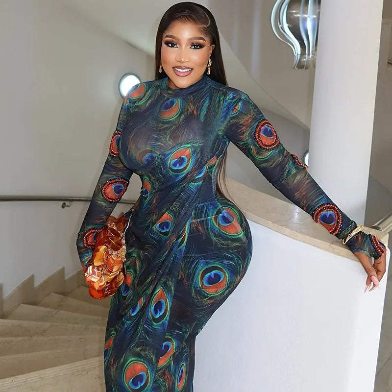 Canada Feathers Print Turtleneck Long Sleeve Hips Wrapped Long Dress
