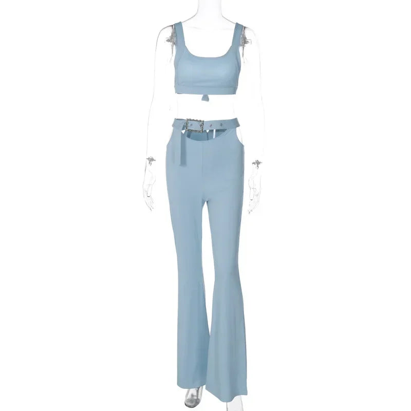Oyster Bay Cutout Waist with Belt Wide Leg Flare Outfits Two Piece Set