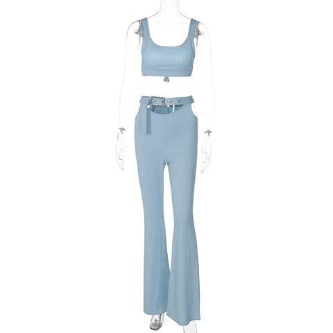 Oyster Bay Cutout Waist with Belt Wide Leg Flare Outfits Two Piece Set