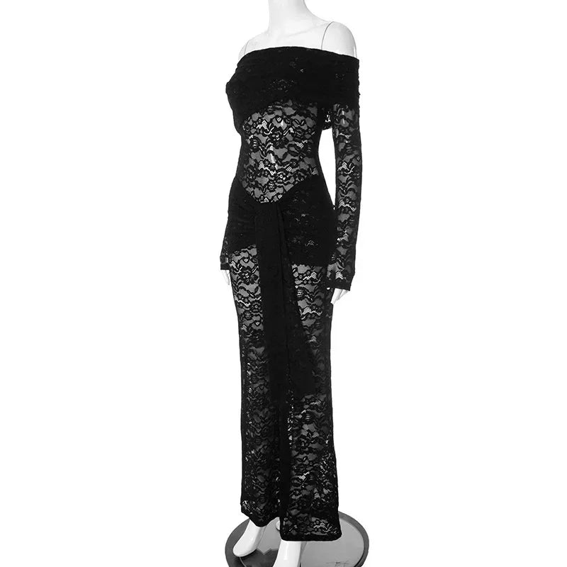 Westport Lace Sexy See Through Off-shoulder High Waist Club Party Jumpsuits