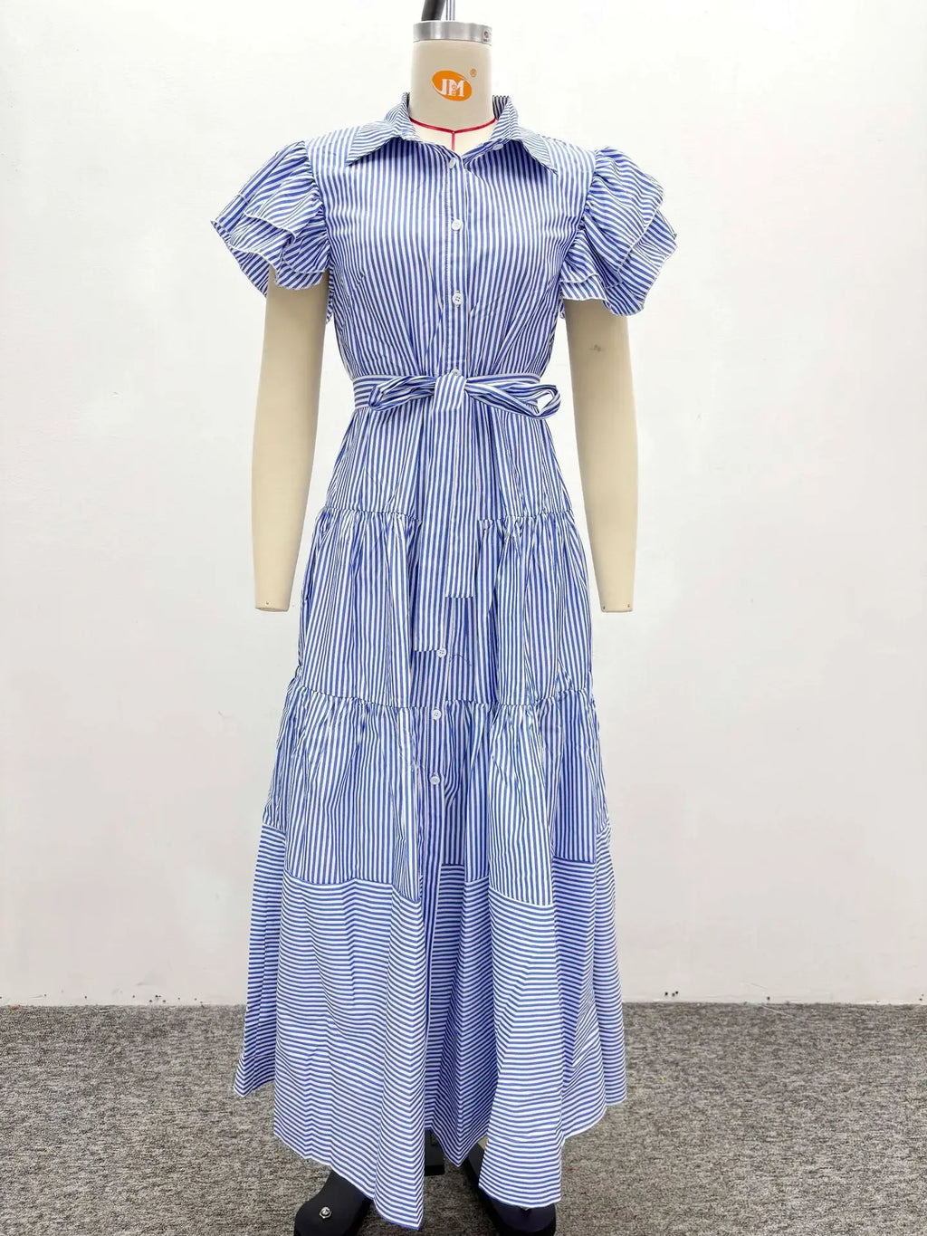 Rutherford Striped Butterfly Sleeve Loose High Waist Single Breasted Casual Long Dress
