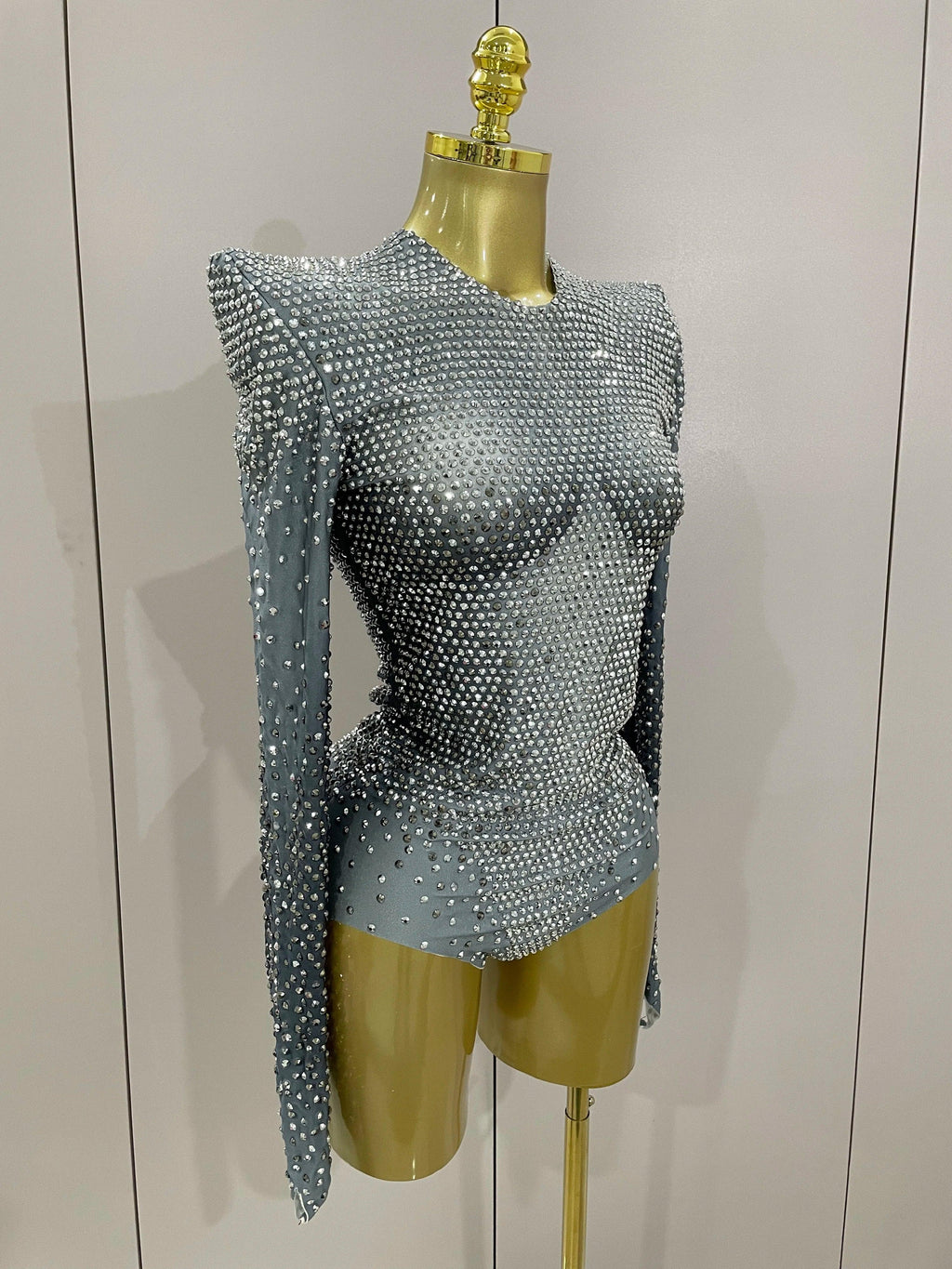 Norwish Sparkle Silver Rhinestones Long Sleeve Stretch Romper