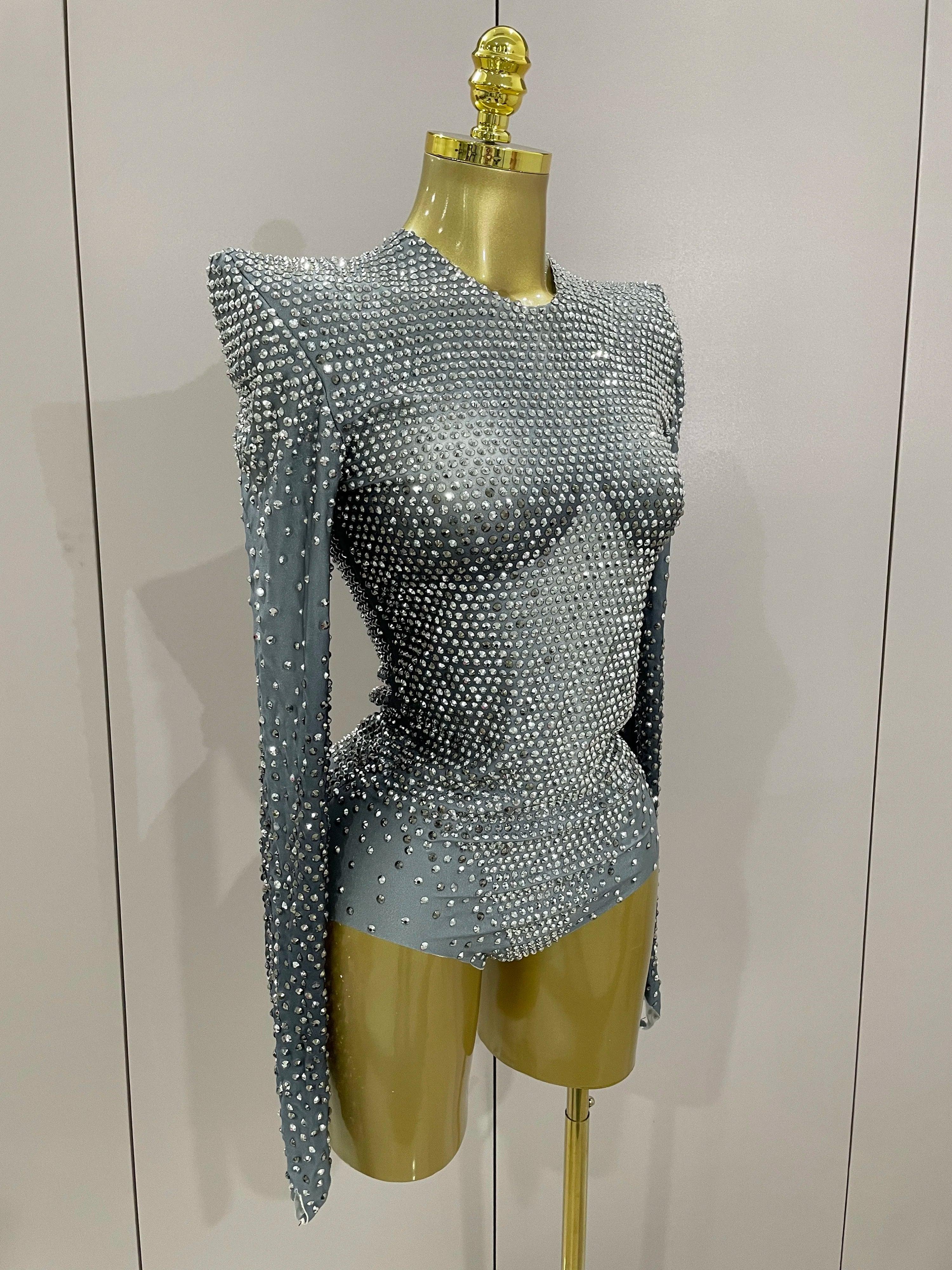 Norwish Sparkle Silver Rhinestones Long Sleeve Stretch Romper