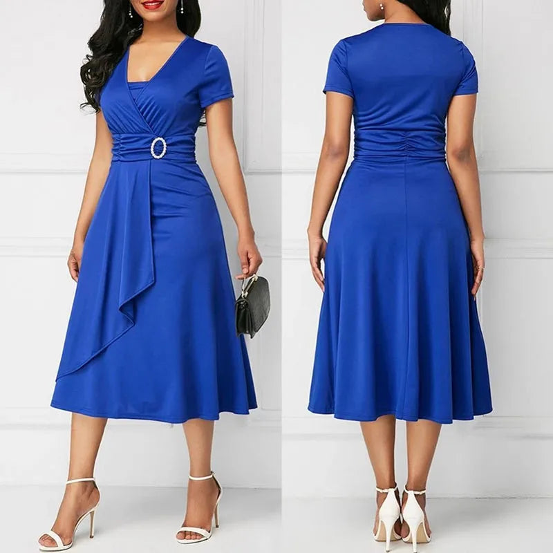 Seattle Solid Color Short Sleeve V Neck Asymmetric Hem Waist Midi Party Dress
