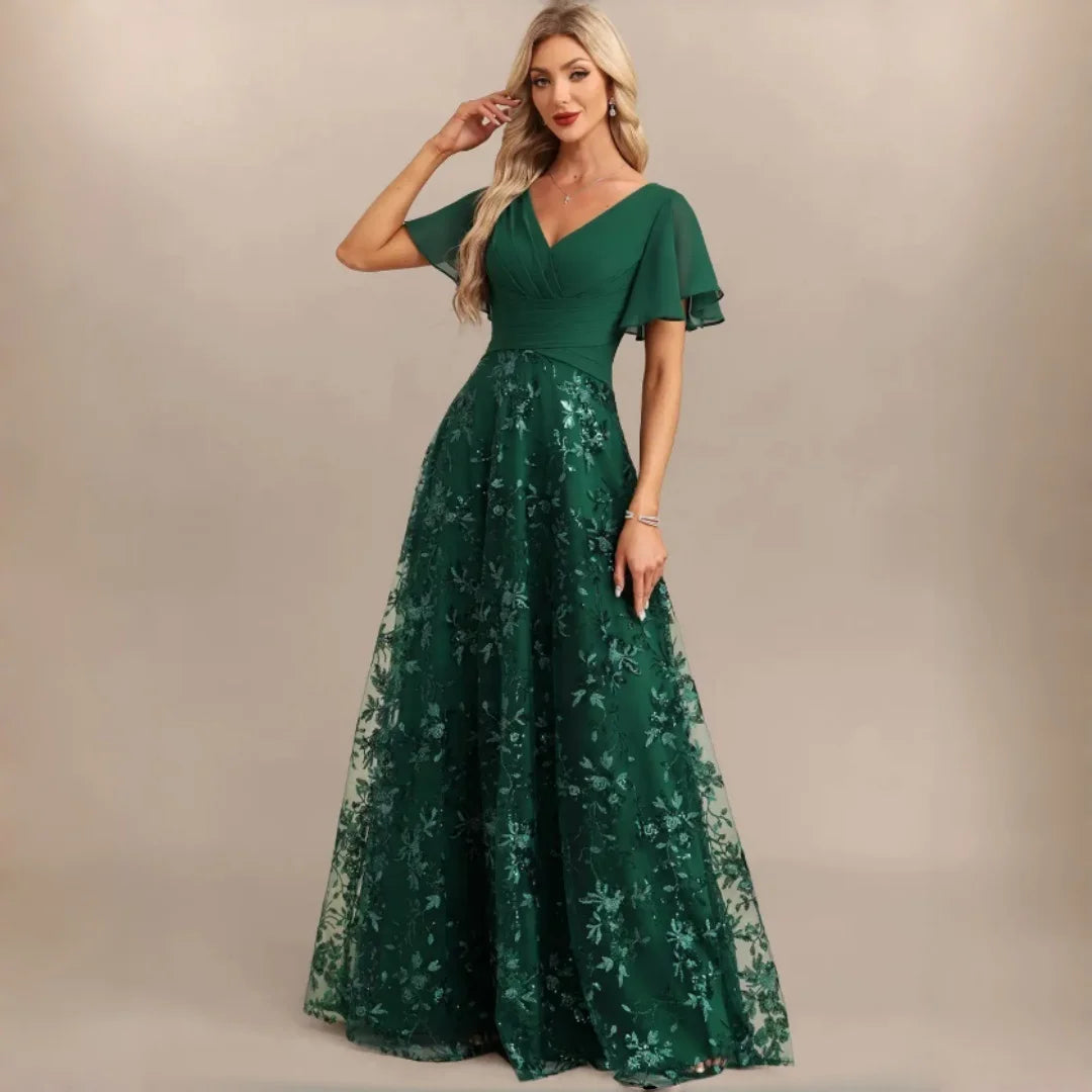 Neiba Dark Green V Neck Chiffon Flutter Sleeve Bridesmaid Ruched Waist Floral Sequin Dress