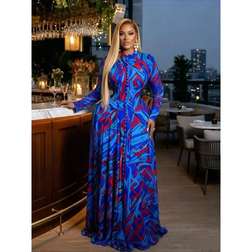 Turkunkan O Neck Long Sleeve Big Swing Tie Dye Print Long Dress
