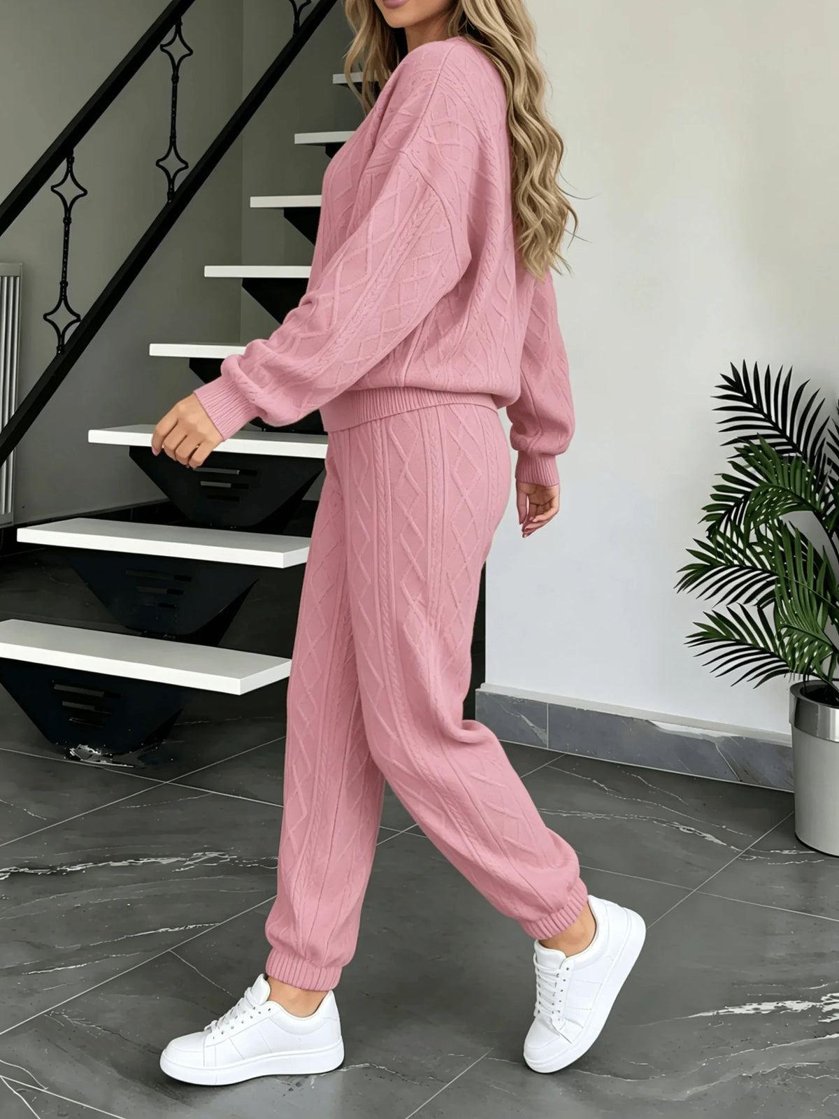 Wanda Cable Knit O‑Neck Long Sleeve Two Piece Sets