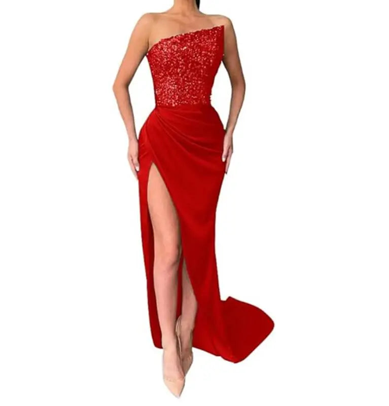 Lakewood New Sequined Sleeveless Fashion Wrapped Chest Solid Color Split Slim Fit Dress