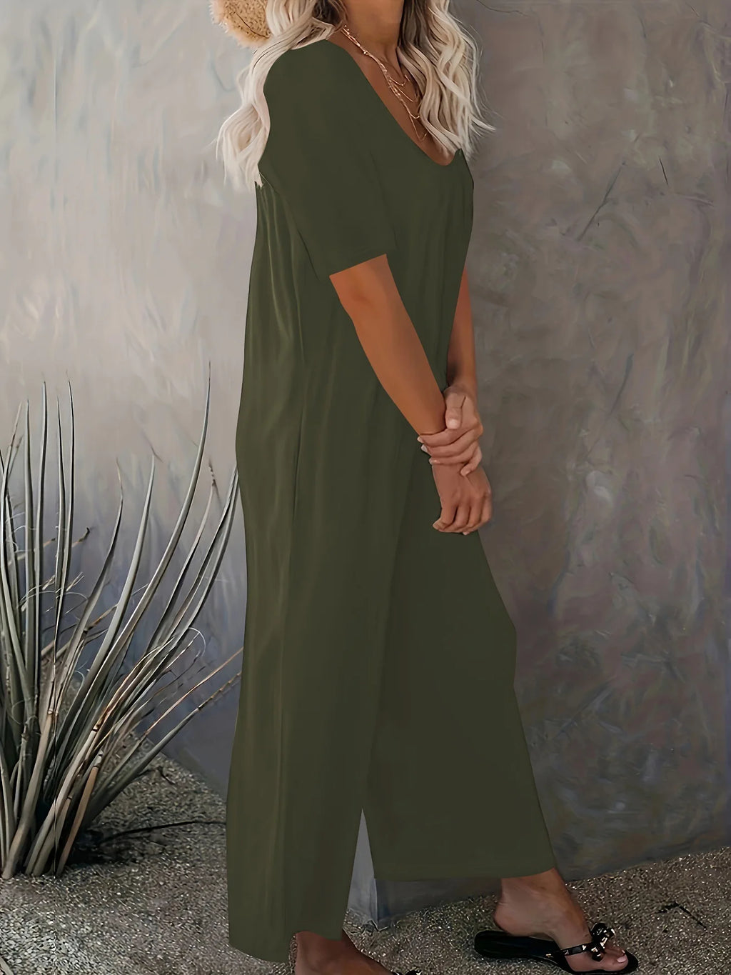 Plus Size Summer Women's Solid Color Jumpsuit with Pockets Casual Fashion