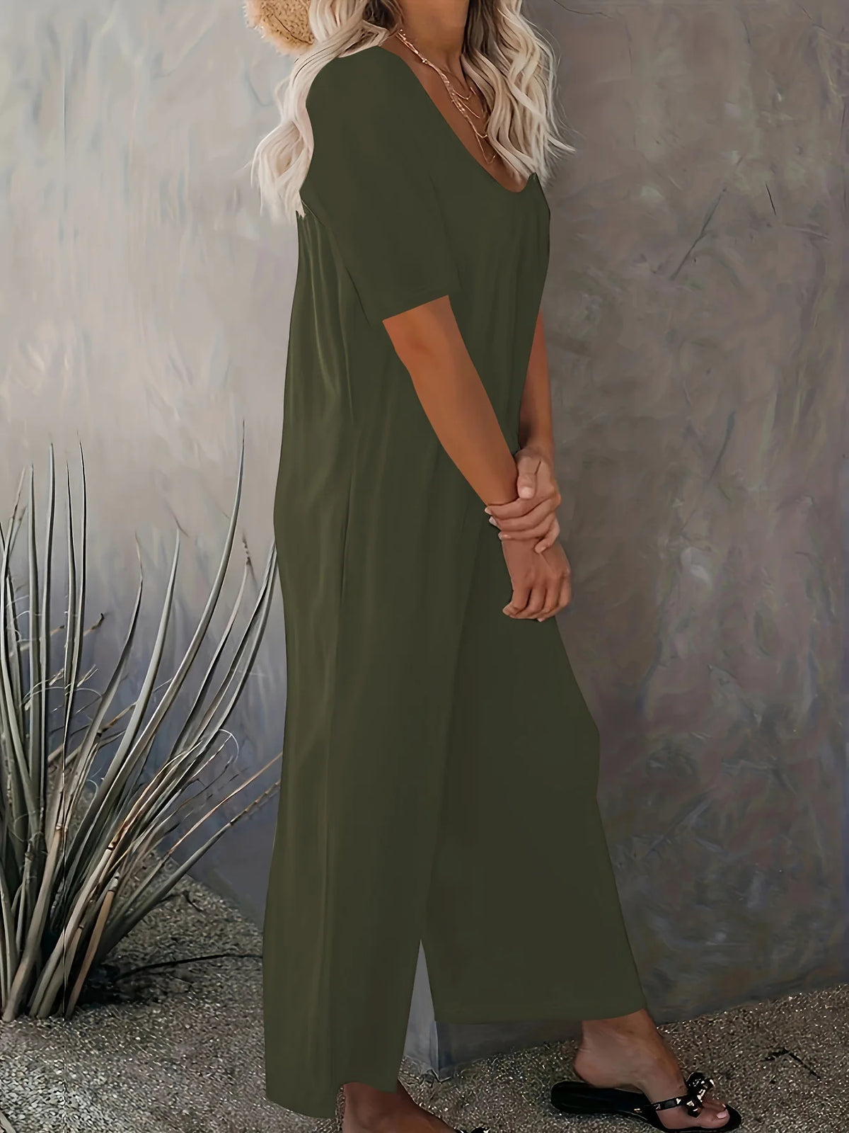 Plus Size Summer Women's Solid Color Jumpsuit with Pockets Casual Fashion