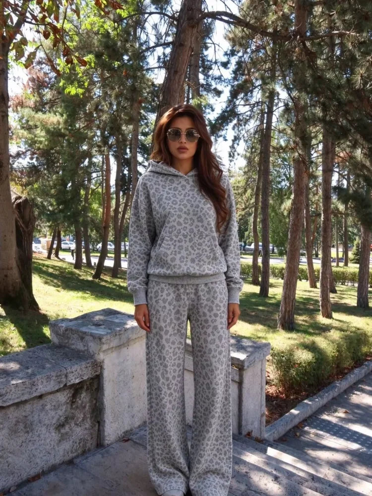Sanely Women Grey Leopard Print Two Piece Sets