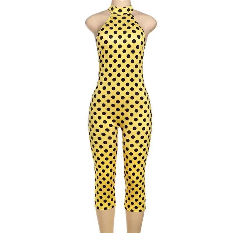 Sunset Park Dots Print Lace Up Halter Backless Skinny Knee Length Jumpsuits