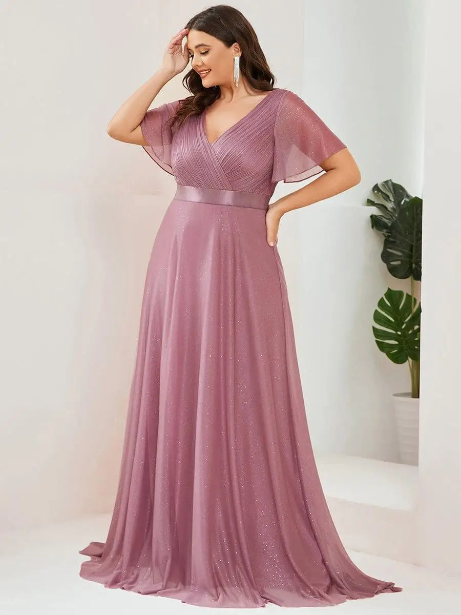 Gazcue Plus Size Chiffon Mother of the Bride Party Glitter V Neck A Line Dress