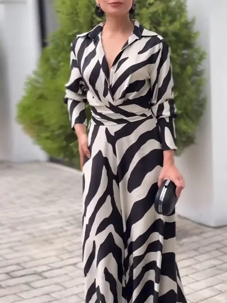 Troy Zebra Printed Wide Leg Lapel Jumpsuits Long Sleeves High Waisted