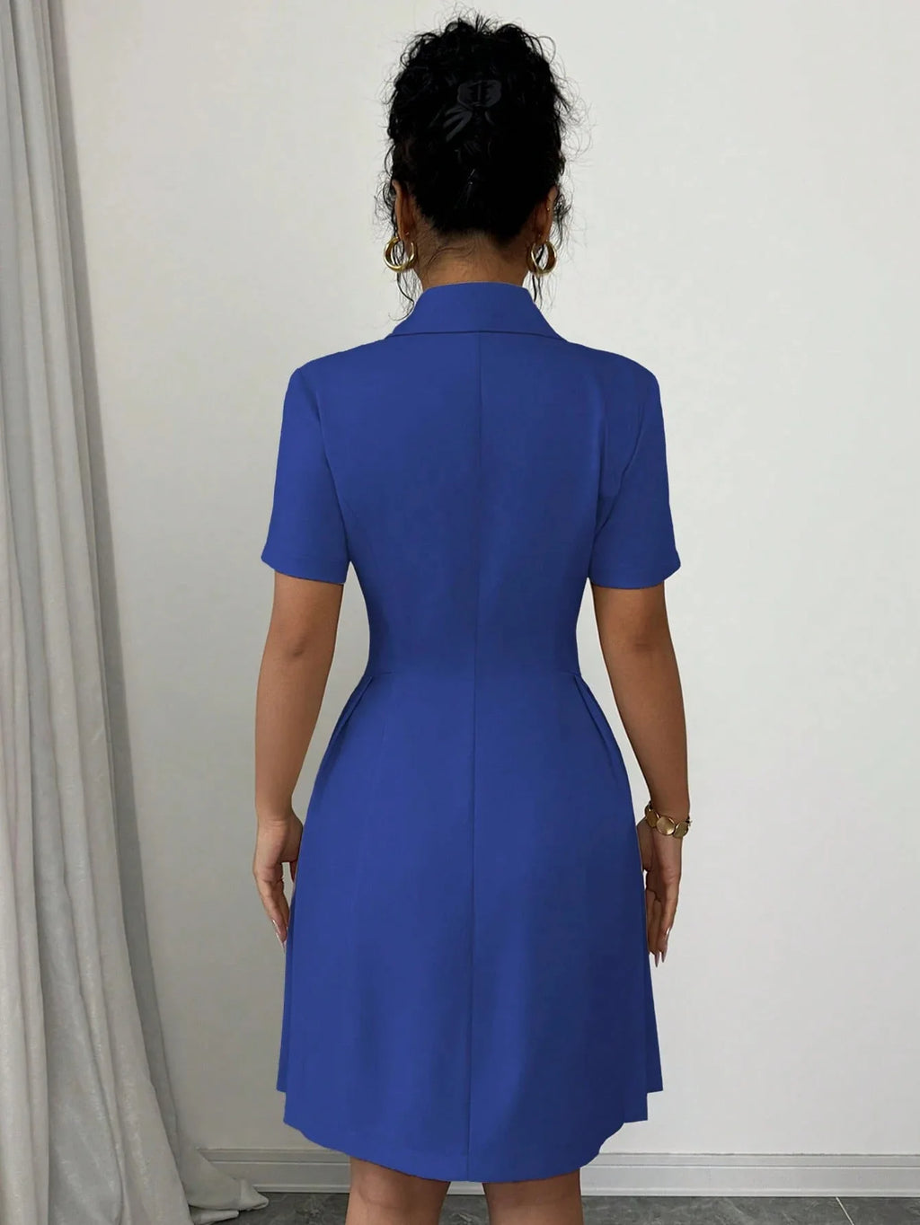 All Ways Solid Color Notched Lapel Double Breasted Short Sleeve Slim Midi Dress