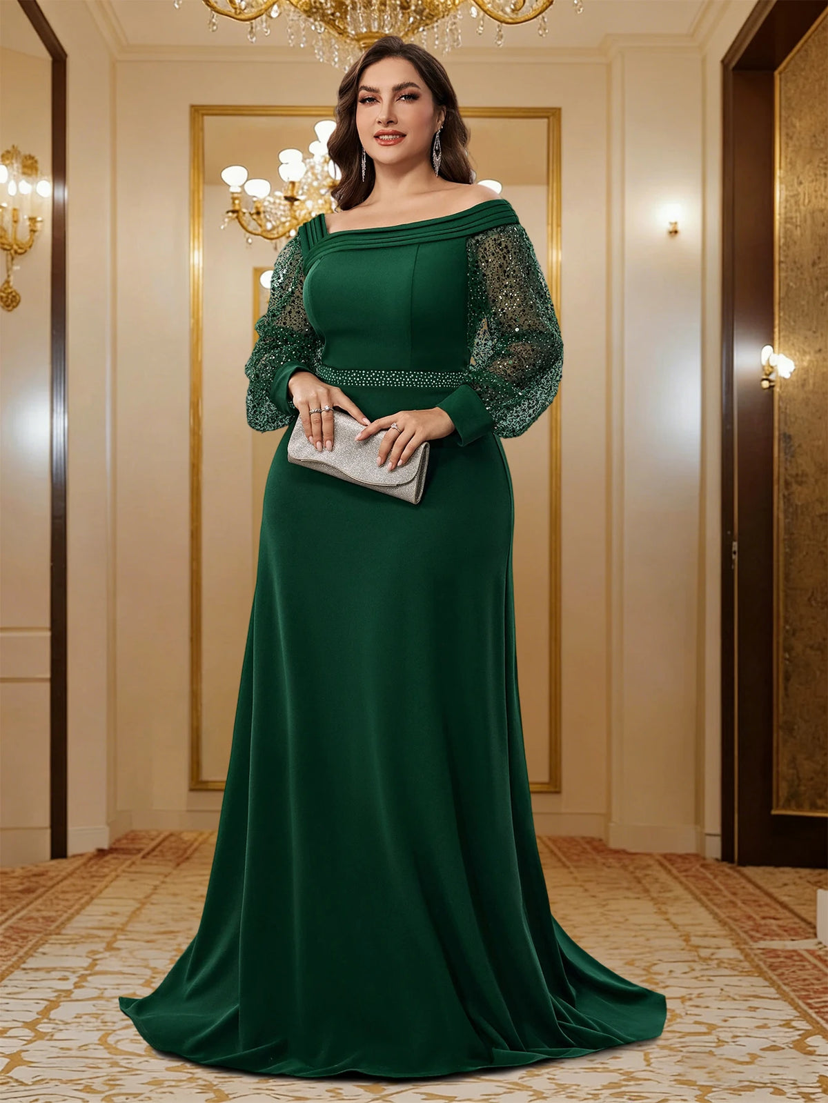 Santurce Plus Size Green Luxury Long Sleeves Formal Evening Dress