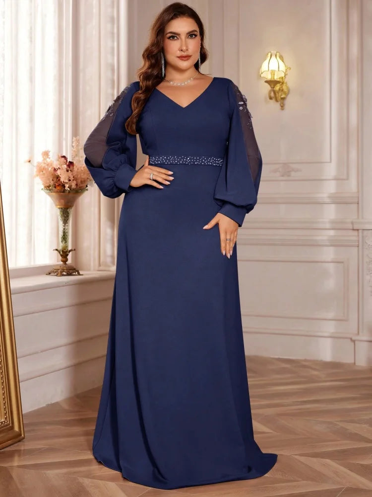 Cuba Plus Size Luxury V-Neck Blue Long Sleeves Sequins Formal Evening Dress