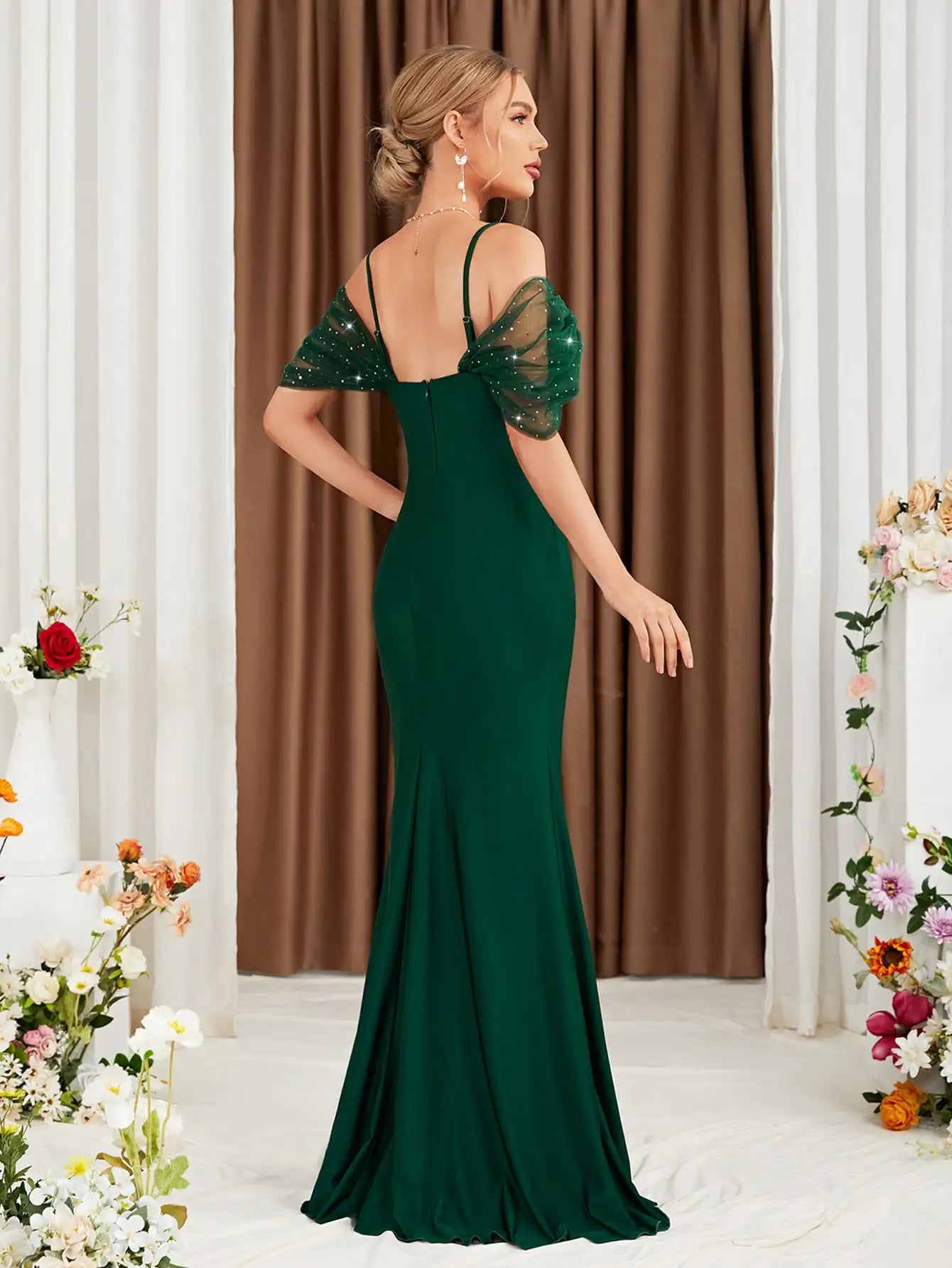 Habana Bridesmaid Sequined Adult One Side Slip Maxi Dress